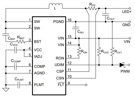 Application Circuit Diagram - Texas Instruments TPS92642-Q1 Infrared LED Driver